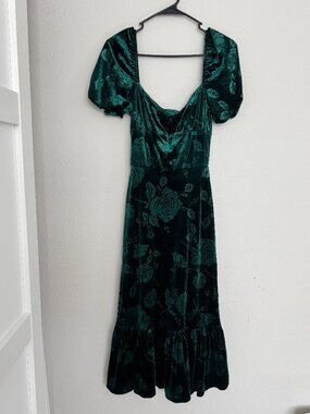 Lait Collection Emerald Green Velvet Floral Midi Dress Puff Sleeve Size S
